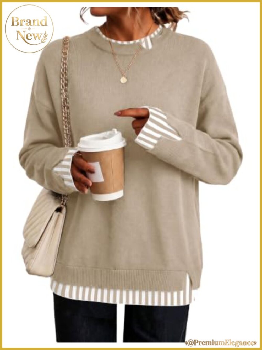 Faux Layered Sweater Pullover Long Sleeve Viscose Blend Cozy Knit